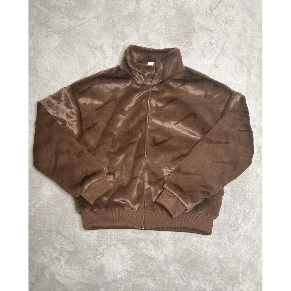 Nike Faux Fur Jacket Girl Large Brown All Over Swoosh Full Zip Winterized Jacket